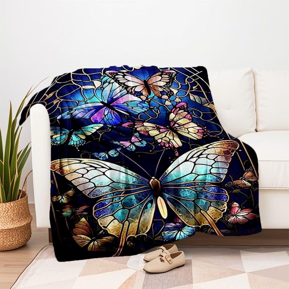 "Stained Glass Butterfly Window Art Decor"Blanket Flannel Throw Blanket for Sofa, Bed, Travel, Camping, Office, Couch, Chair, And Bed Gift f