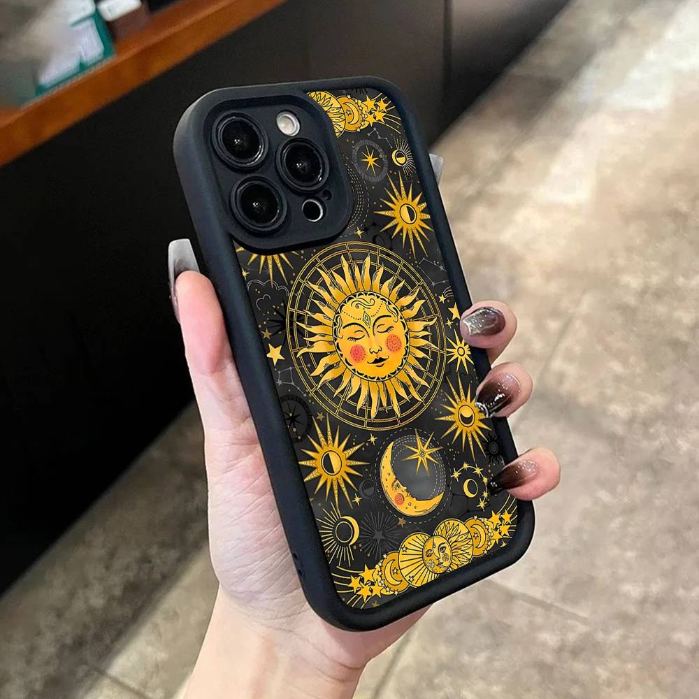 

Богемный чехол для телефона с подсолнухом и луной для iPhone 17,16,15,14,13,12,11,Pro,Max,Plus,X,XS,SE4,E,Mini Черный Утолщенный край Чехол iPhone 15