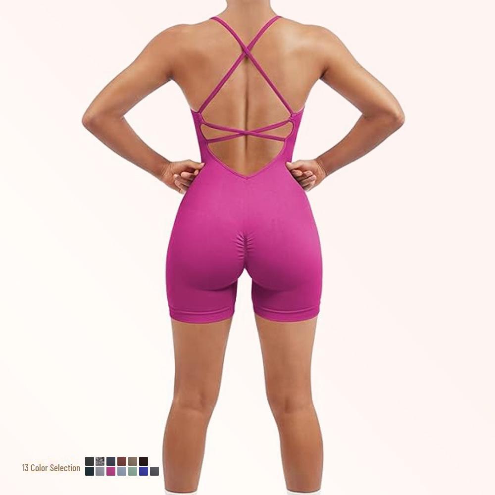 Nahtloser Yoga-Anzug mit Brustpolster - Damen Einteiler Fitness-Shorts & Schönes Rückendesign
