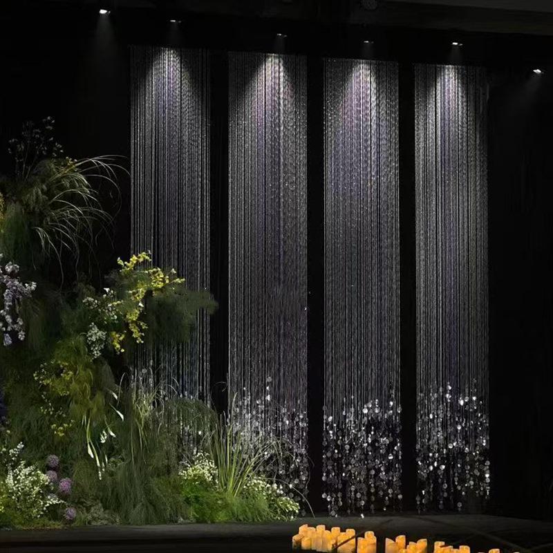 Acrylic Crystal Bead Curtain with Gold and Silver Sequin Pendants for Wedding and Banquet Hall Decor.