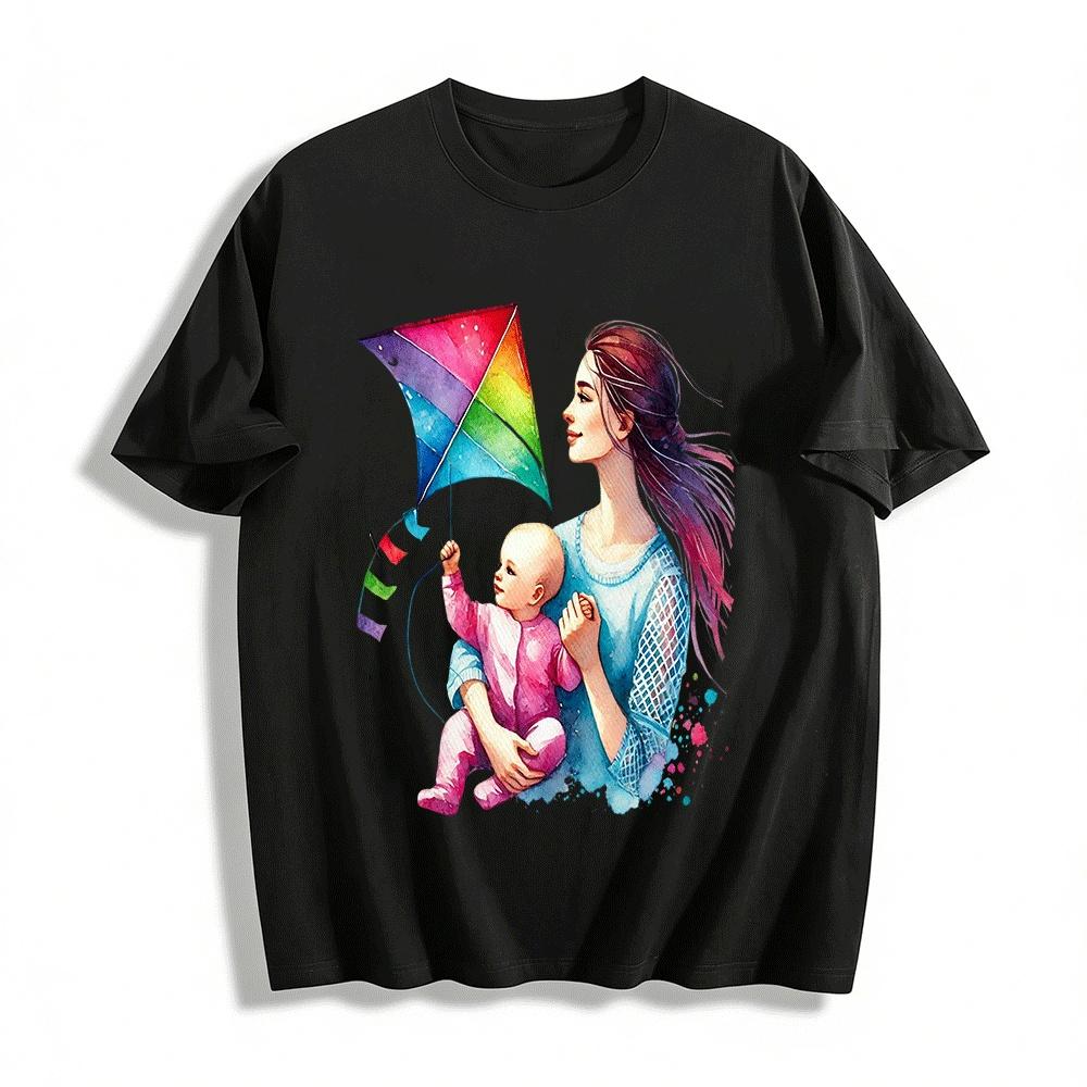 Watercolor Mother Baby Kite Flying Graphic Adult T-Shirt Pure cotton T-shirt XXS