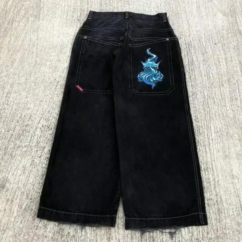 Mens Y2K Streetwear Denim Pants High Waist Loose Fit Straight Leg Jeans With Embroidery