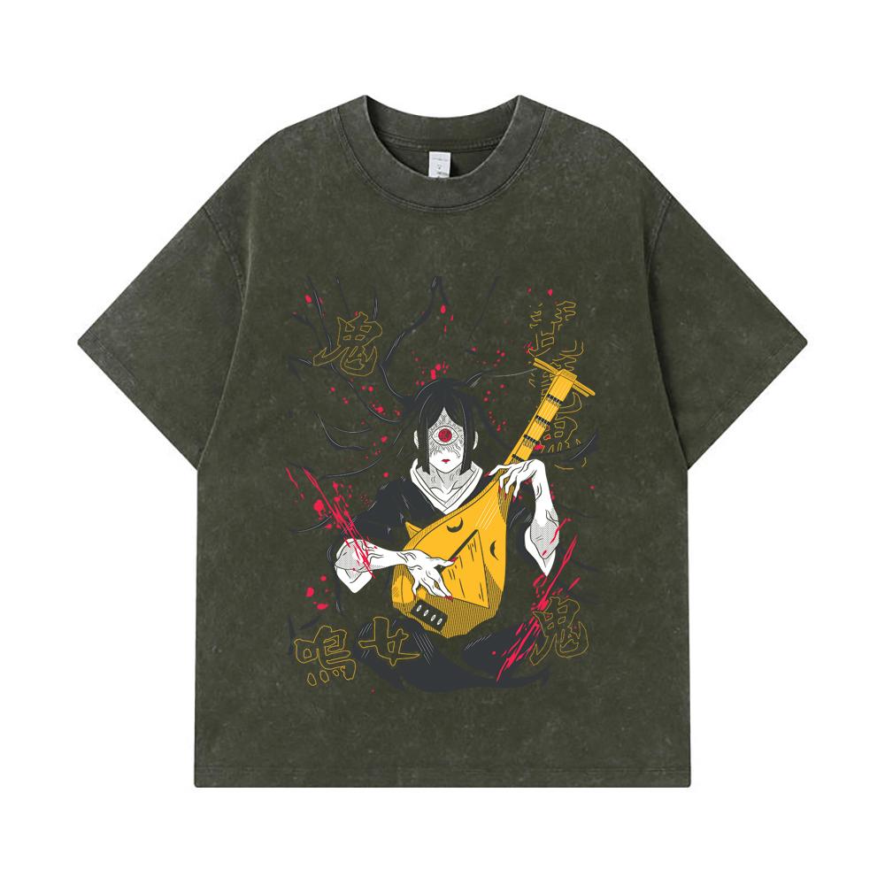 

275 GSM Washed T-shirts 100% Cotton Demon Slayer V54 Nakime Print Unisex Heavy Cotton T Shirt S армия зеленый