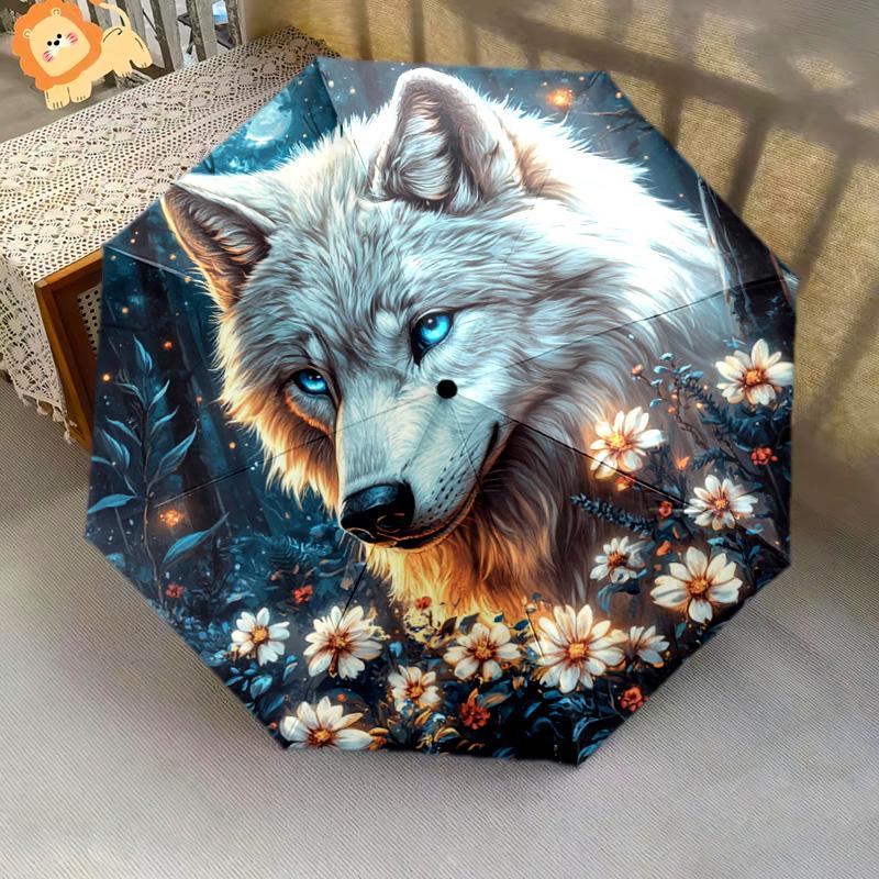 1 PC Automatic Folding Umbrella - Wolf In Moonlit Pattern, Portable & Foldable Design with 8 Ribs, Christmas Birthday Gifts