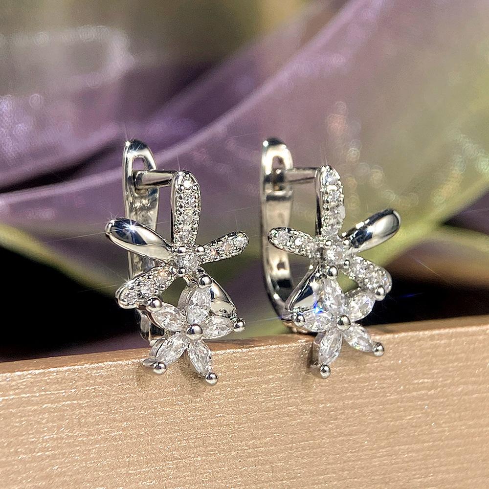 1pair Fashion Silver Color Flowers Zirconia Cz Earring for Women Gold Plated Ear Studs Piercing Girl Gifts
