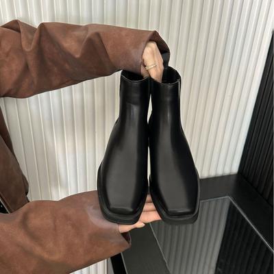 Celebridade da Internet Estilo Britânico Botas Curtas Temperamento Cabeça Quadrada Elástico Fino Salto Grosso Fundo Grosso Botas Martin Mulheres