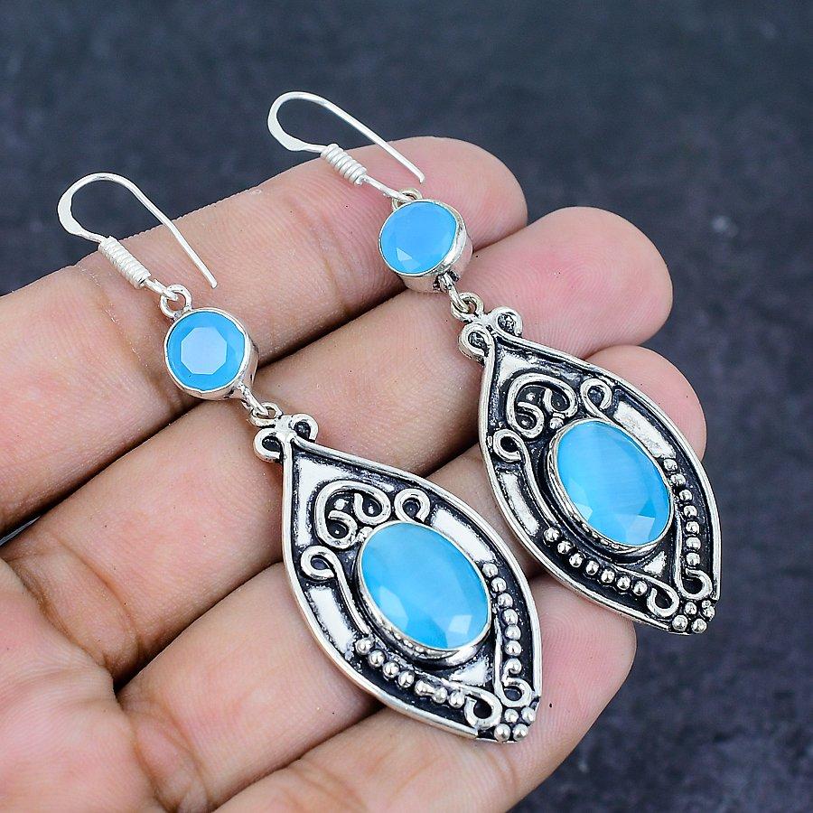 Natural Blue Chalcedony Gemstone Handmade 925 Sterling Silver Earring 2.76" F3c01