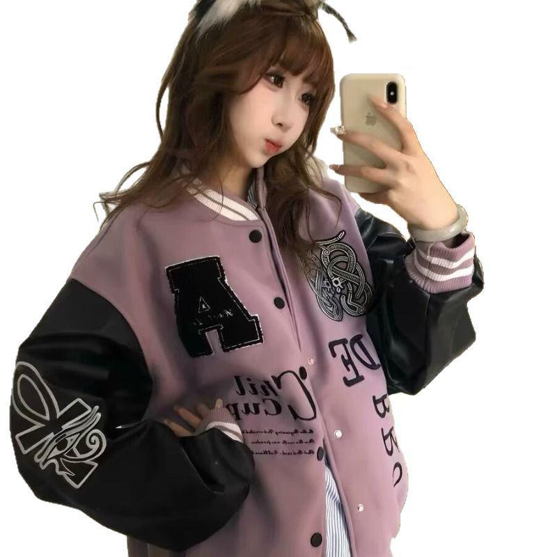 Unisex American Purple Letter Embroidery Color Block Baseball Jacket - Loose Fit, Spring 2025 High Street Trend.
