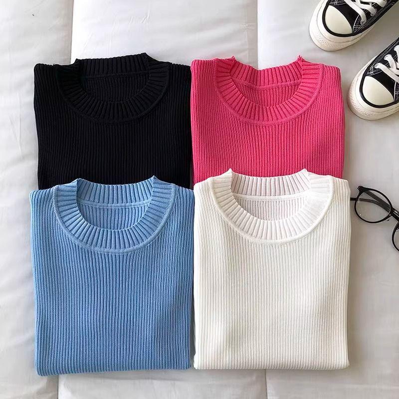 Women's Round Neck Slim-Fit Knitted Pullover: Short Sleeve, Straight Shoulders, Niche Design, Figure-Flattering
