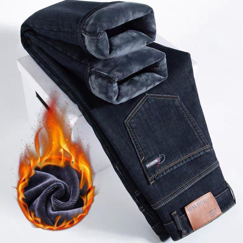 Autumn and Winter Fleece Thickened Jeans Loose Straight Pants Versatile Business Elastic Thermal Trousers