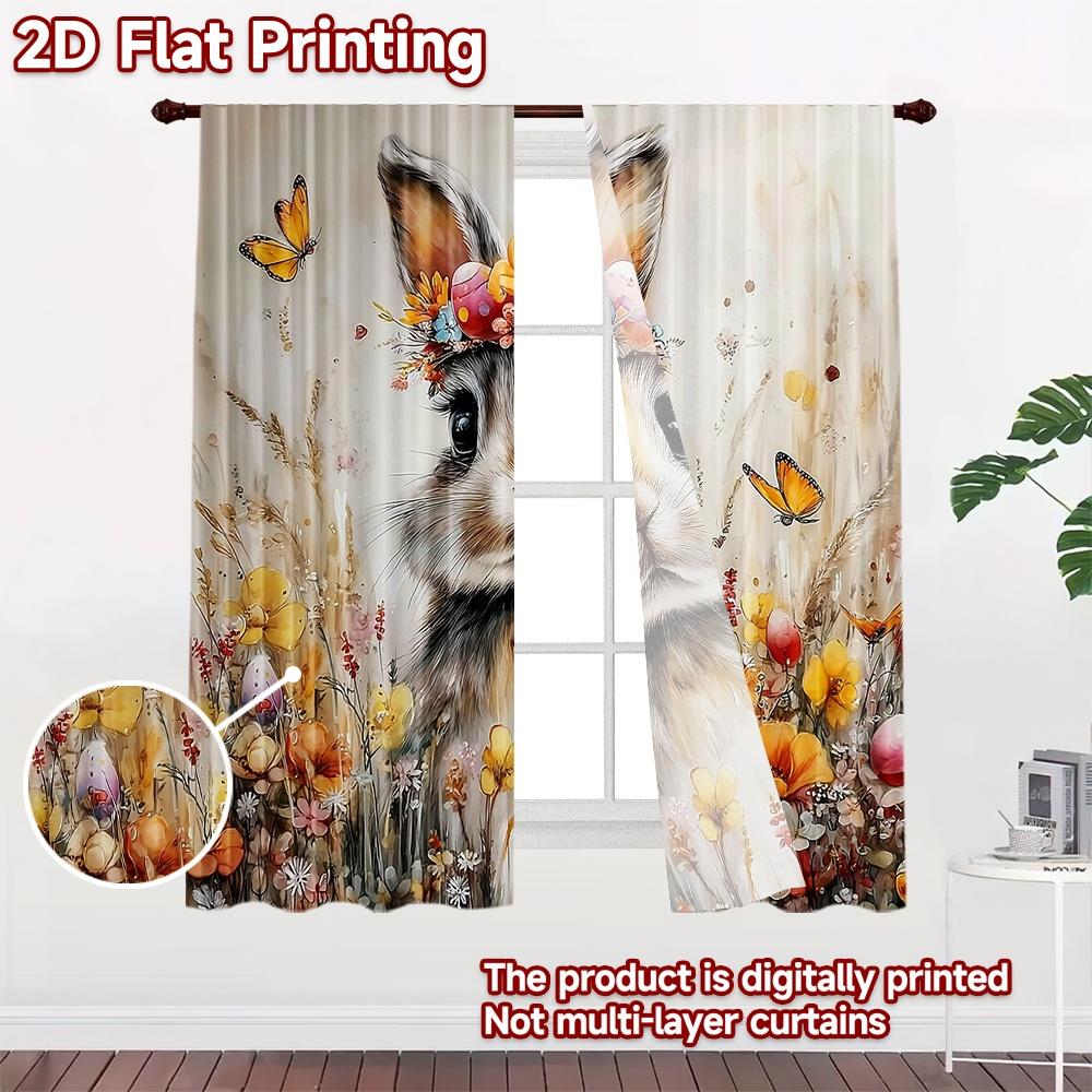 2D flat printing 2pcs Curtain Window Curtains Easter Bunny with Flowers Digital Printed Polyester Drapes Family Party Decoration