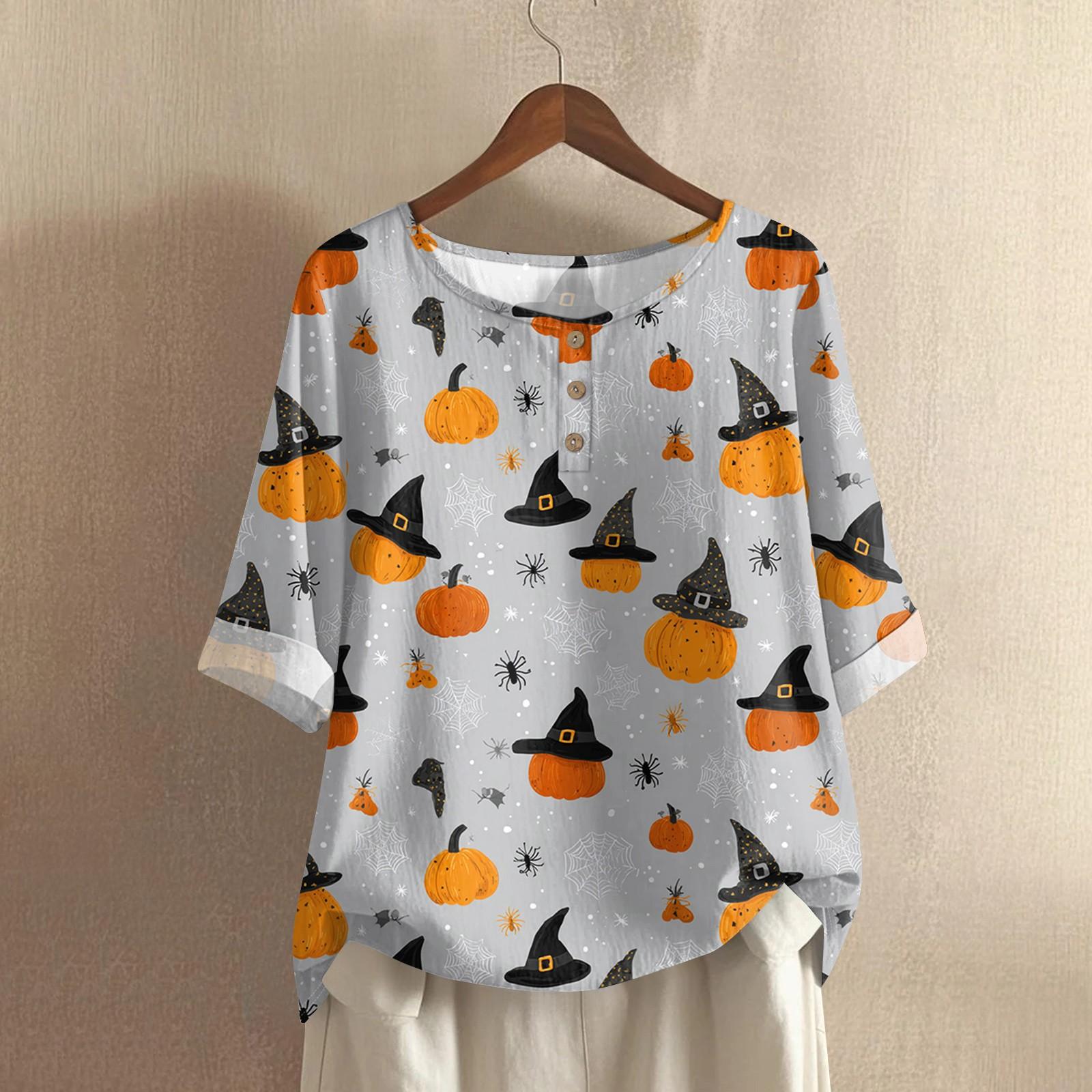 

Женский повседневный топ с рукавами средней длины, круглым вырезом, с принтом на Хэллоуин, из хлопка и льна XL белый