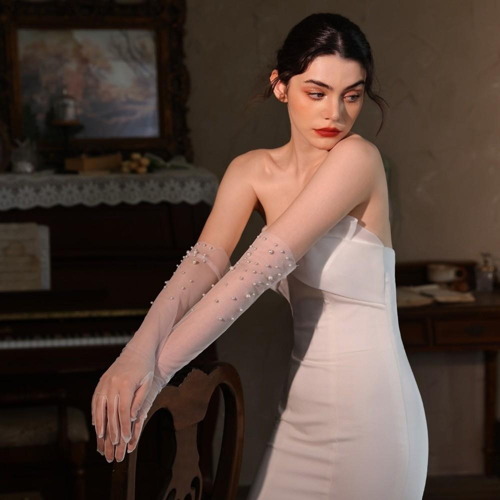 Long Wedding Gloves Tulle Pearl Gloves Vintage Women’s Bridal Gloves  Dinner Party