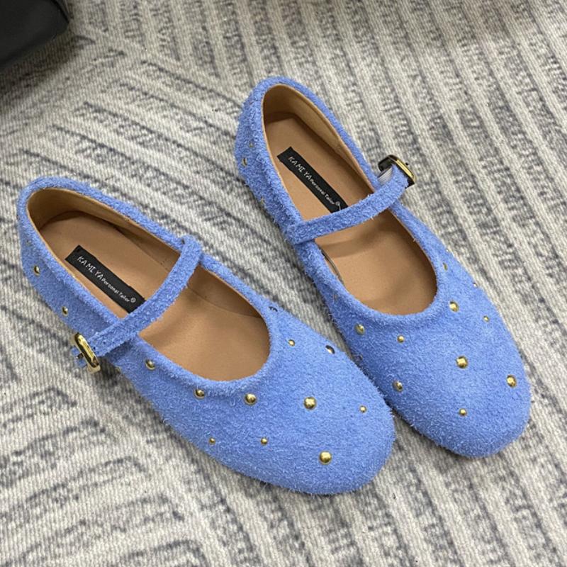 New Metal Rivets Mary Janes Women Comfort Soft Bottom Round Toe Flat Casual Shoes Elegant Slingback Brand Ballet Shoe for Ladies