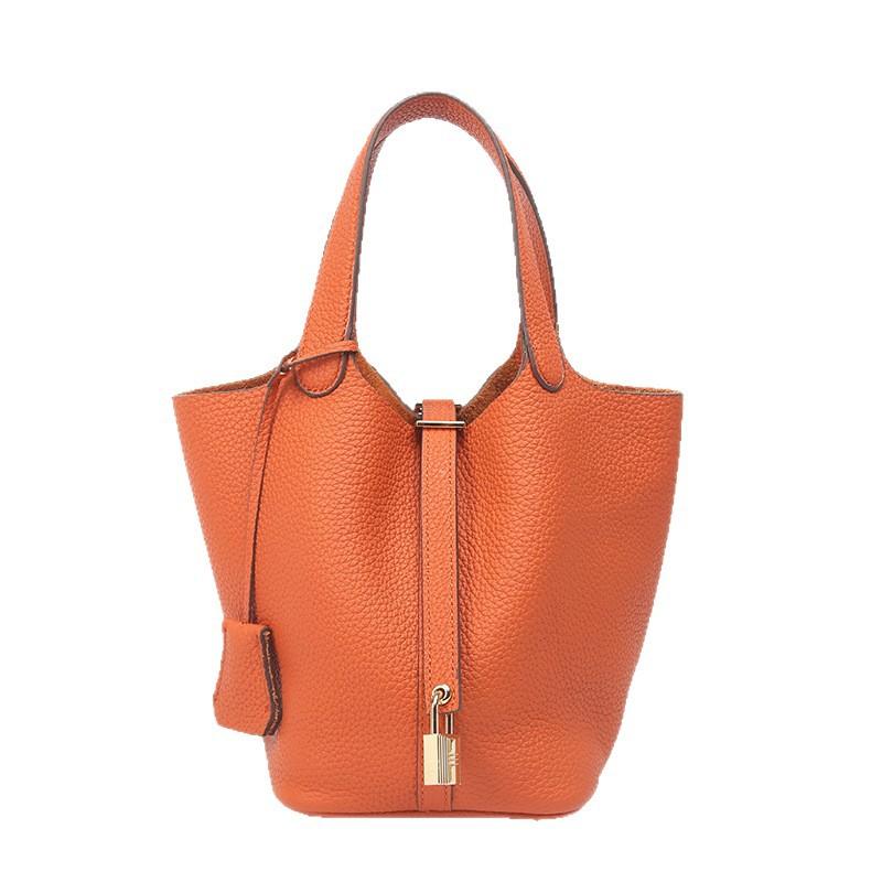 Genuine Leather Large-capacity Vegetable Basket Women's Bag High-quality and Exquisite Lychee Pattern Hand-held Bucket Bag