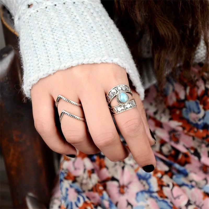 Jianjie Böhmischer Türkis Tropfen Gravierter Floraler Ring - Vintage Damenschmuck