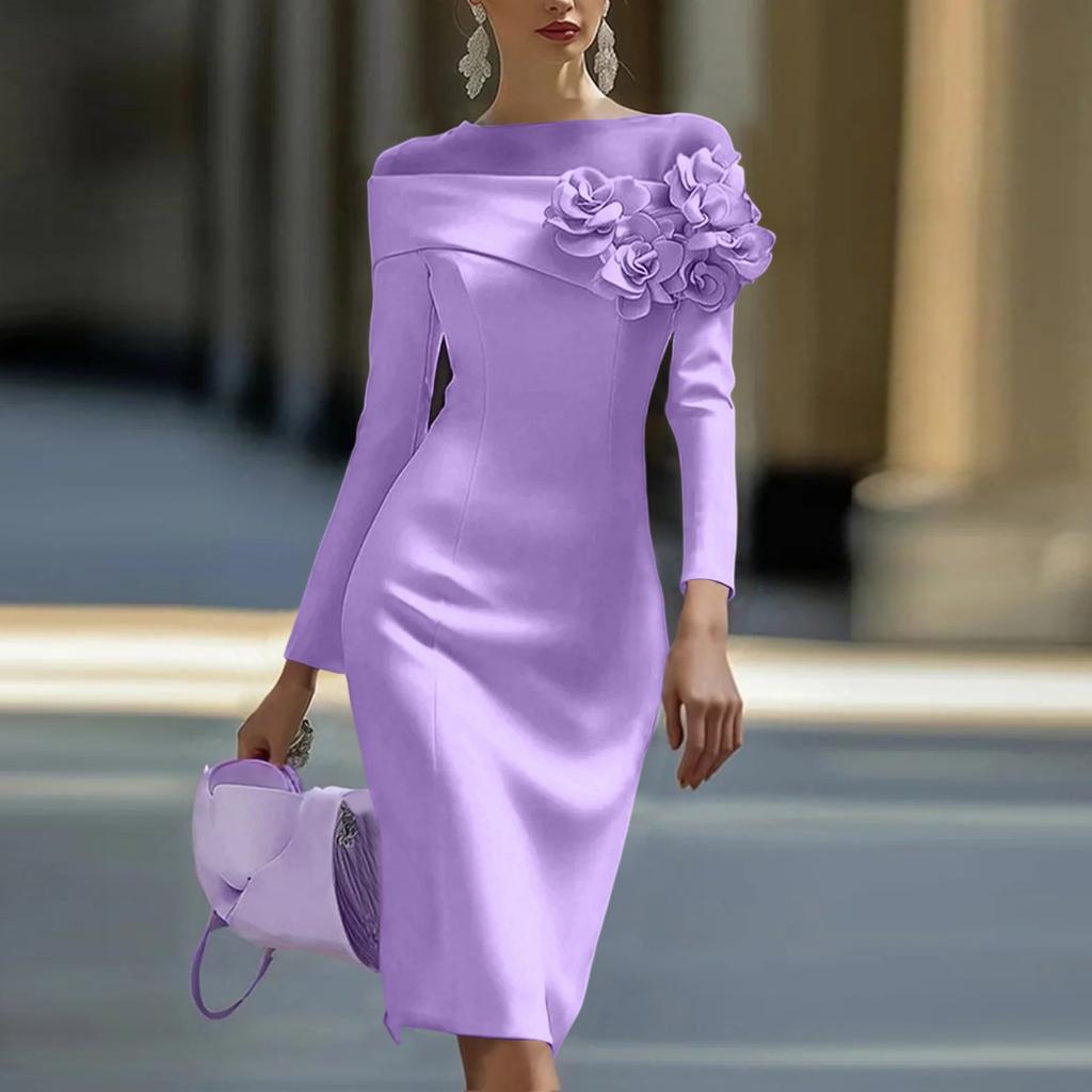 Women's Round Neck Slim Fit Dress with 3D Floral Side Accents, Color for Everyday Wear