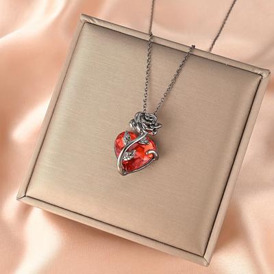 Cute Rose Decor Red Heart Shaped Pendant Necklace, Christmas Holiday Gift Birthday Gift For Teen Girls