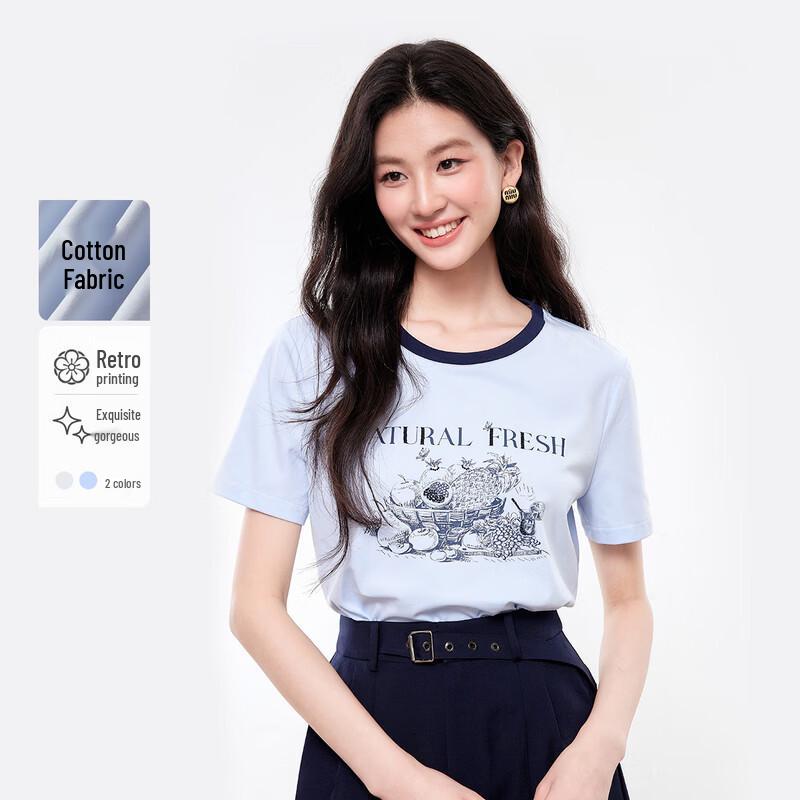 Women s H-Shape Printed Round Neck T-Shirt with Contrast Collar M