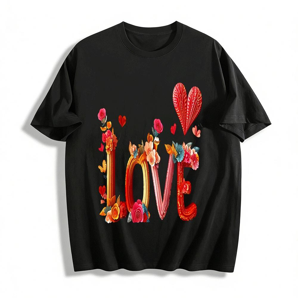 

Paper Art LOVE Floral Heart Print Couple Casual Short Sleeve T-Shirt Pure cotton T-shirt XXS