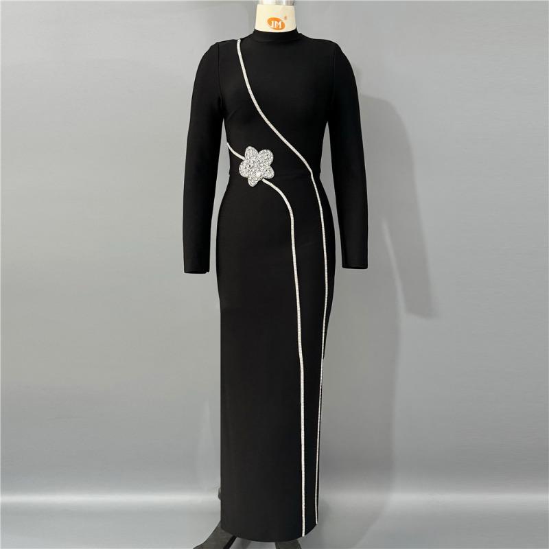 New long sleeve slim slit bandage dress temperament nail bead diamond long skirt dress