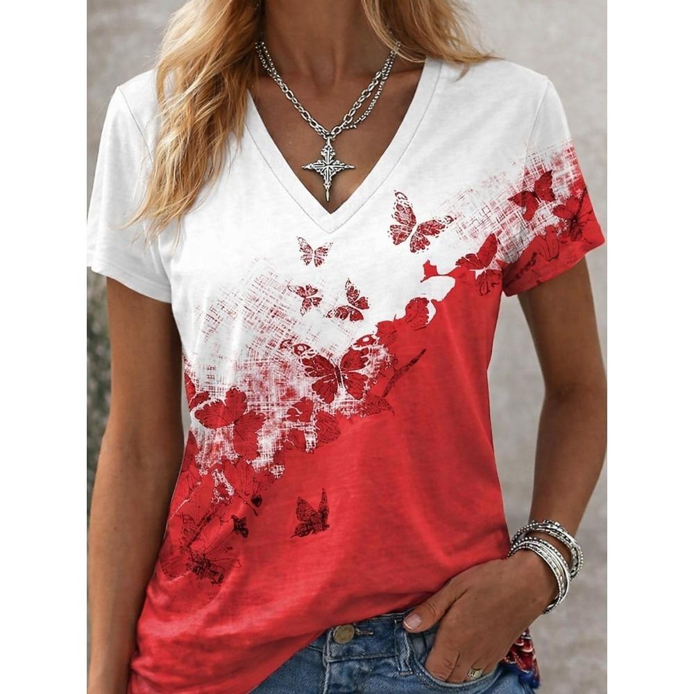 

Women s T Shirt Color Block Print Graphic Animal Abstract Vintage Stylish Classic Short Sleeve V Neck Regular Tops Daily Weekend Blue XL