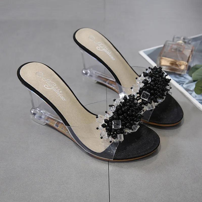 Keilsandalen für Damen im Sommer 2025 neue sexy Kristall transparente High Heels Glas Strass Keilsandalen