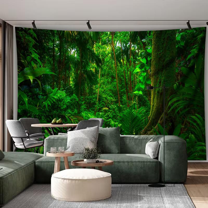 2D Exotic Jungle Tapestry Tropical Forest with Mossy Trees Wall Background Cloth