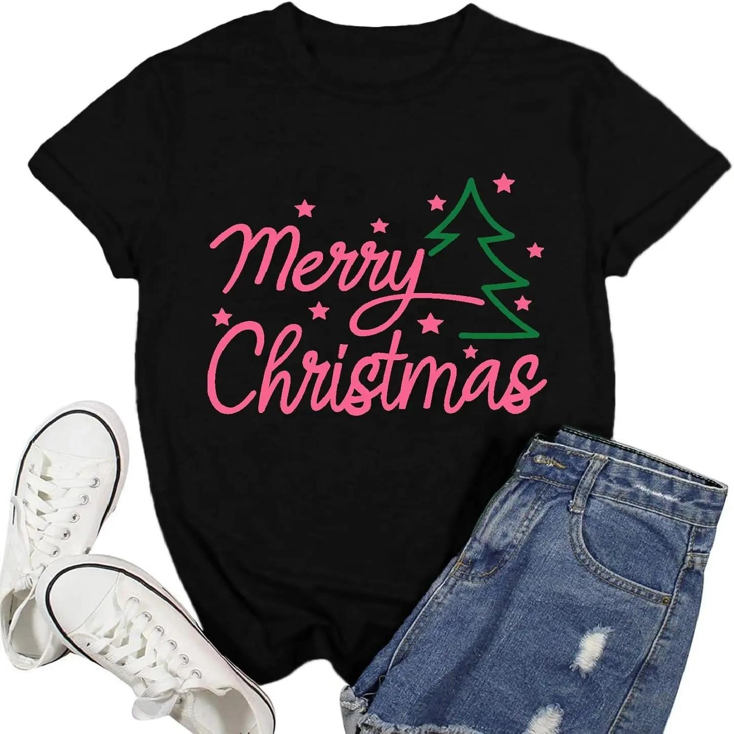 Merry Christmas Shirts for Women Christmas Trees Letter Printed Tshirt Xmas Holiday Tee Tops S чёрный