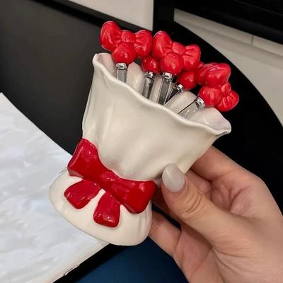 Bowknot Ceramic Fruit Forks Set Creative Solid Color Ceramic Fruit Forks Receipt Jar Ins Style Household