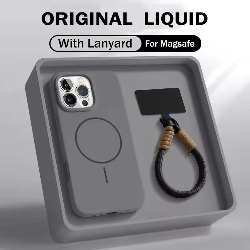 Liquid Silicone Wrist Strap Magnetic Case for iPhone 17 16 15 14 13 12 Pro Max Plus Candy Color Lanyard Shockproof Soft Cover