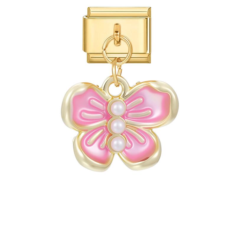 Vintage Pearls Zircon Bow Heart Butterfly Gold Color Pendant Italian Charm Links Stainless Steel Fit 9mm Bracelet DIY Jewelry