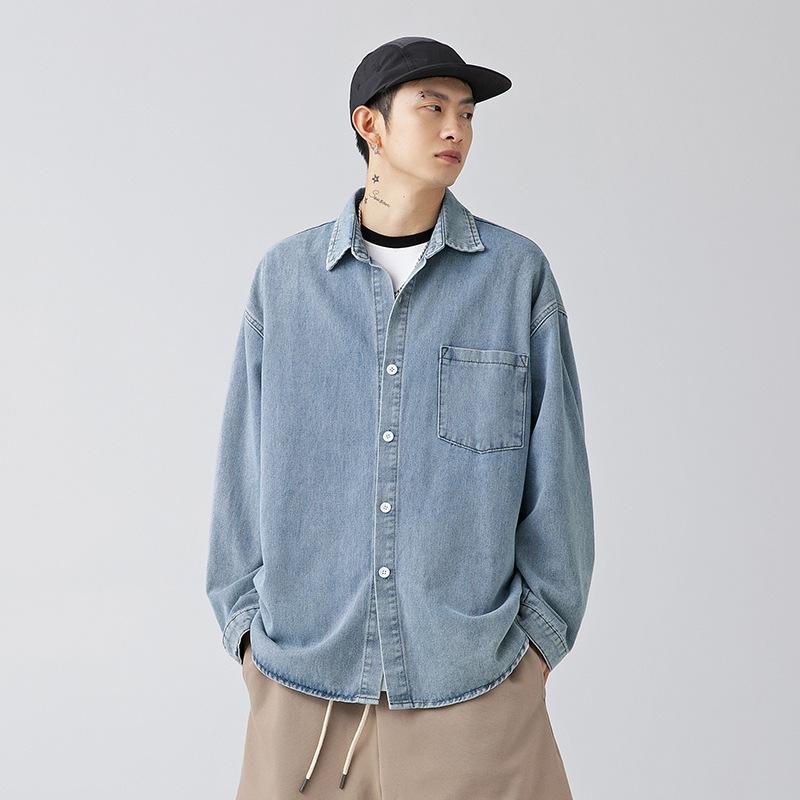 Herren Vintage Denimhemd im japanischen Stil mit Umlegekragen, locker, lässig, gewaschen, Frühlings-Herbst-Jacke