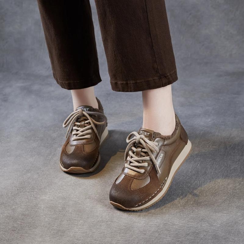 Johnature Echtes Leder Plüsch Warme Damen Schuhe Lässig Weich besohlt Sportschuhe Vielseitige Schnürschuhe Baumwollschuhe