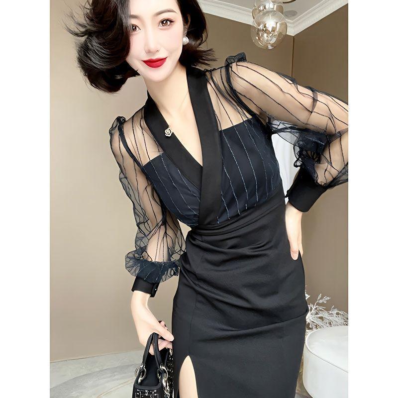 

Новое Модное Темпераментное Дизайнерское Платье с Сетчатой Вставкой, Высокое и Стройнящее Летнее Платье, Юбка Миди для Женщин, Трендовое XXXL чёрный