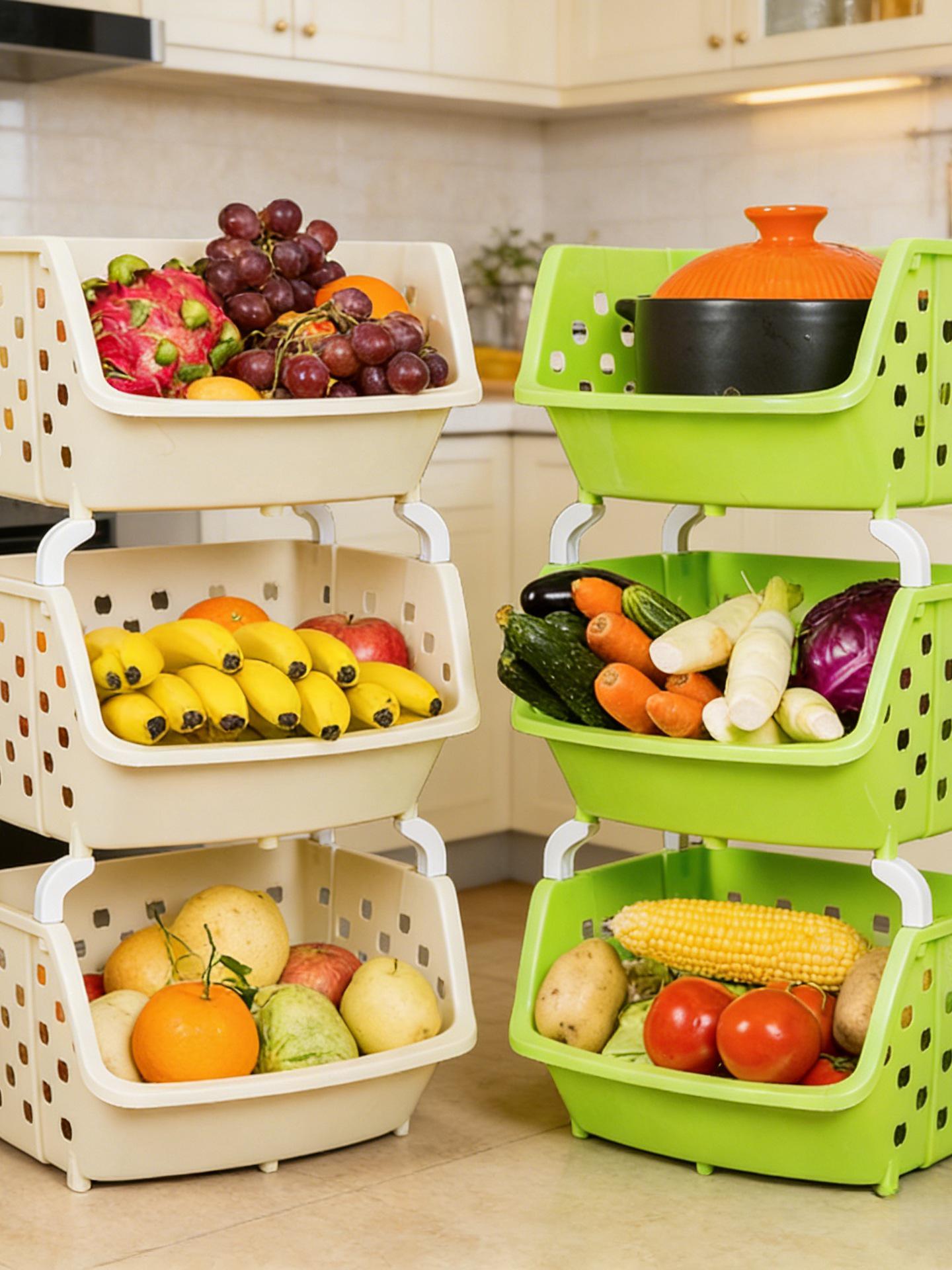 Многоярусная кухонная напольная полка: Передвижная, многофункциональная корзина для овощей и полка для хранения большой вместимости. 3-Tier Full Frame Green (with Wheels) - 1 Unit
