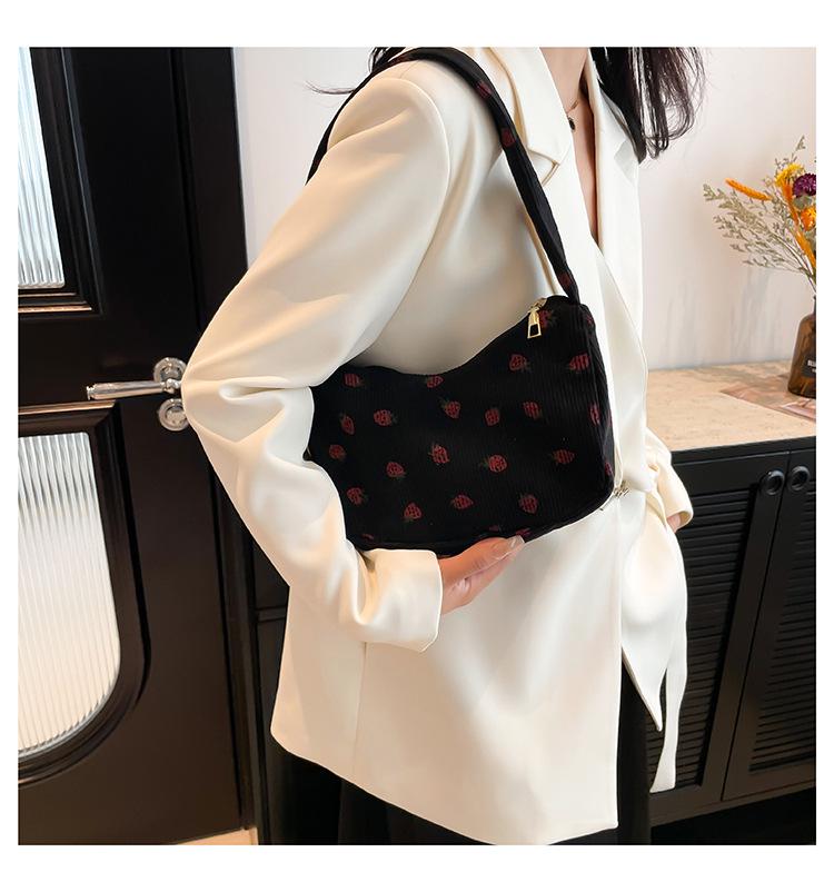 Korean-Style Strawberry Print Corduroy Handbag - 2025 Autumn Collection