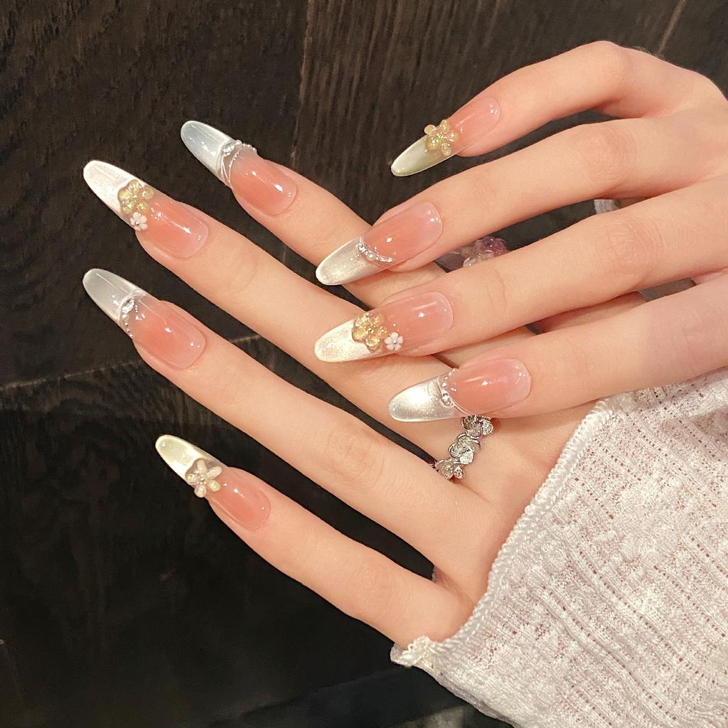 French Style Seven Color Cat Eye Crystal Flower Handmade False Nails 10PCS for Women