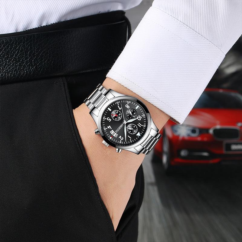 Flight Series Stainless Steel All-Black Men'S Watch 3 Degree Waterproof Luminous Three-Eye 6-Needle Men'S Watch