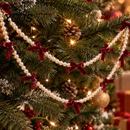 Seasonal Home Accents Christmas Velvet Bow Faux Pearl Garland, 2 Layers Beads Festive Party Hanging Ornaments String Strand for Tree, Wreath,
