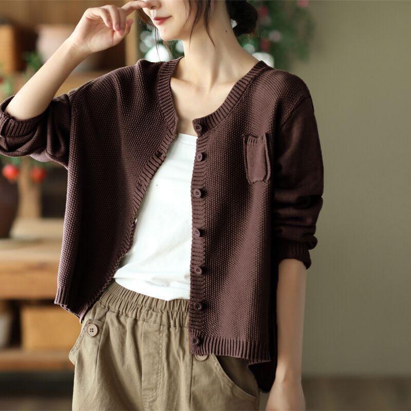 New Spring and Autumn Fashion Simple Round Neck Art Retro Knitted Cardigan Sweater Temperament Commuter Outwear Women's Top
