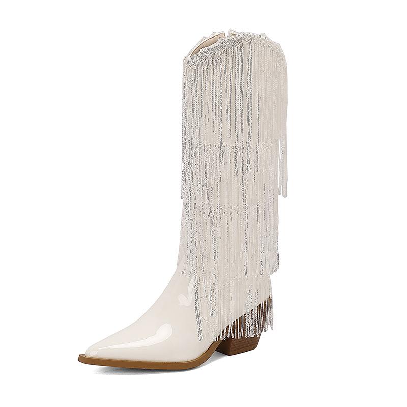 Fashion IPPEUM Fringe Cowboy Boots For Women  Mid Calf Pu Leather Size 46 Winter Knee High Western Silver Cowgirl Shoes