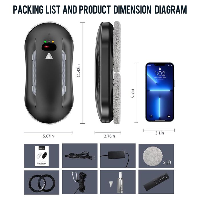 Window Cleaning Robot, Window Cleaning Robot Washer, Suction 5600PA, Intelligent Navigation, Anti-fall, 10 Cleaning Cloths, Black