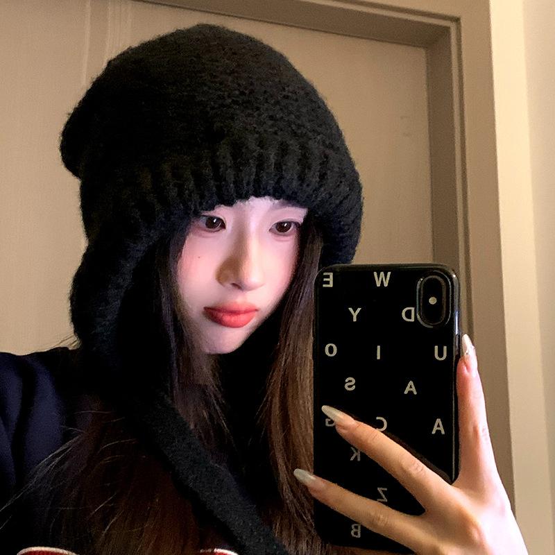 Wool hat women's big head circumference winter cold protection and warm ear protection knitted cold hat high-end blue pullover bag hat