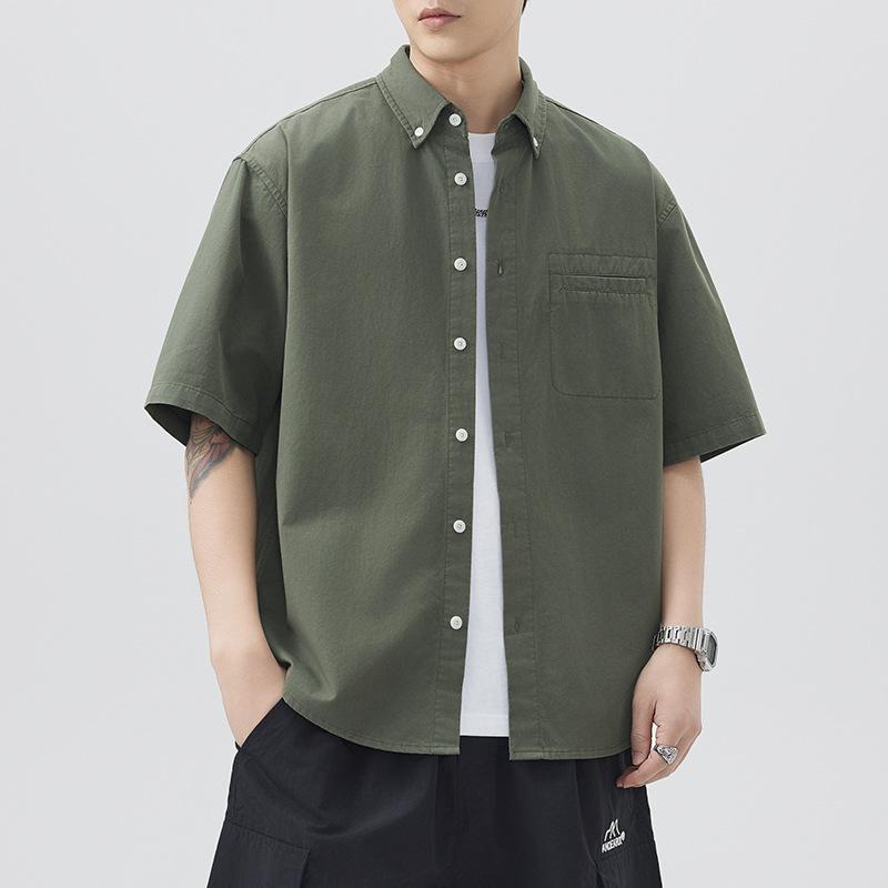 Pure Cotton Short-sleeved Shirt Men's Japanese Retro Simple Versatile Mid-sleeved Shirt