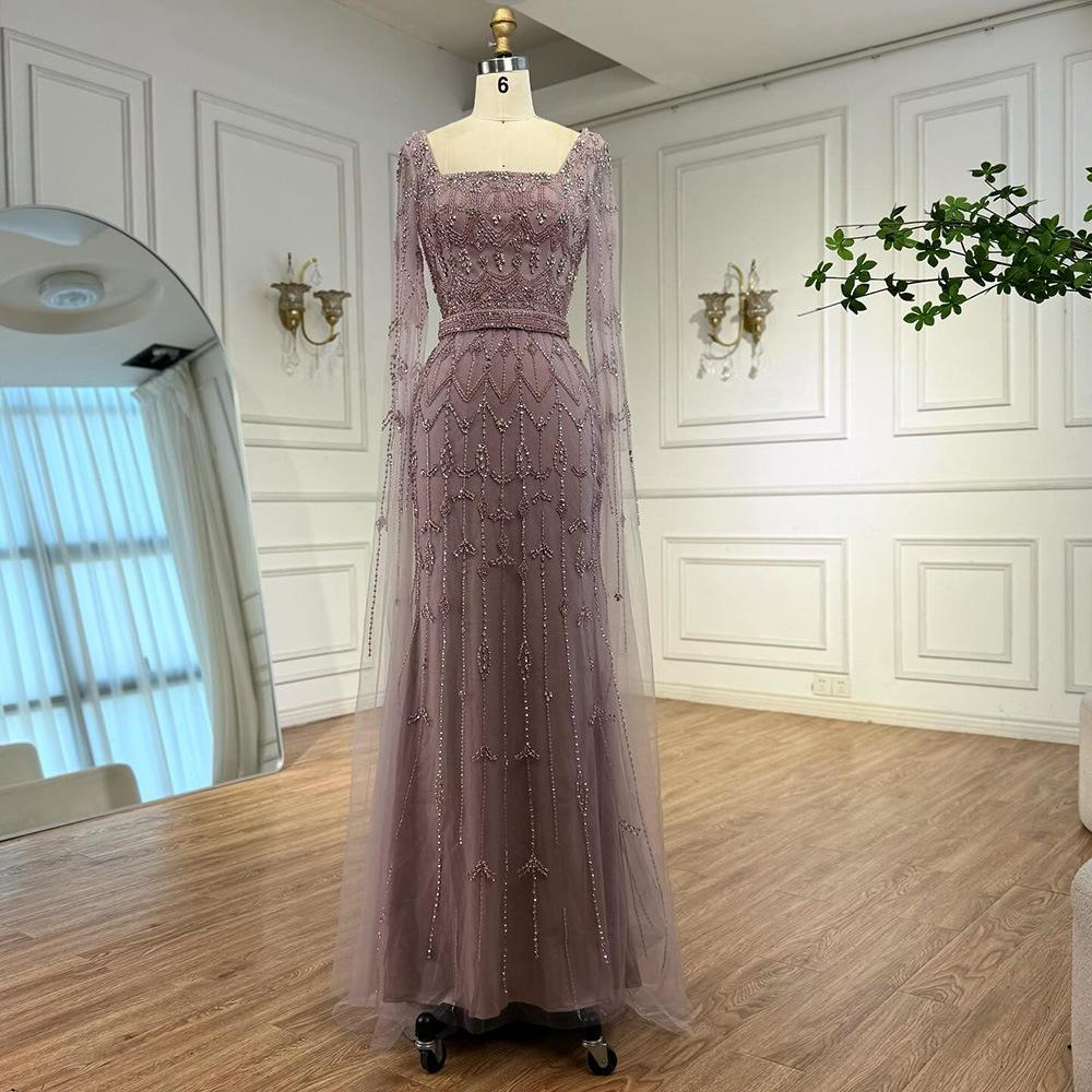 Caramel color flying sleeves high-end beaded fishtail evening dress, art exam solo host long dress LA11911A