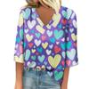 Ladies' Loose Casual Seven Quarter Sleeve V-neck Valentine's Day Printed T-shirt Top