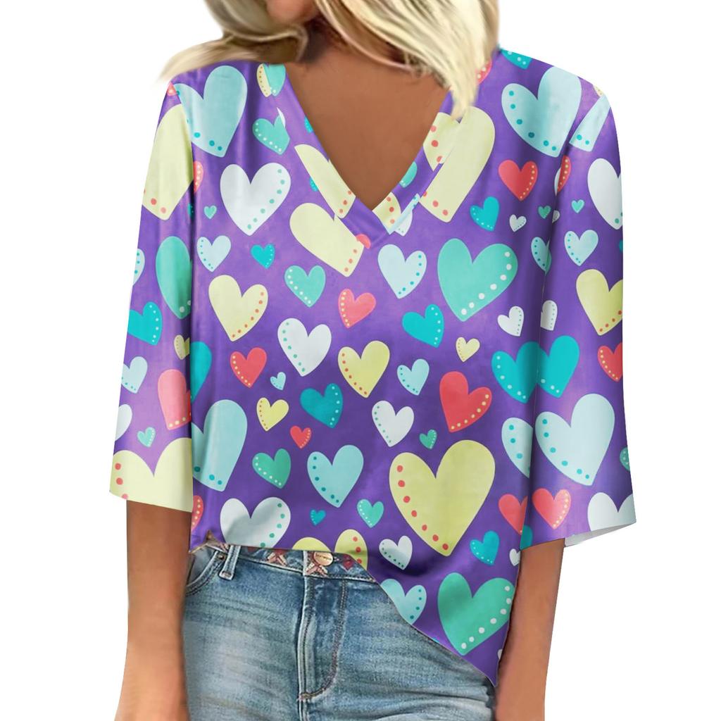 Ladies' Loose Casual Seven Quarter Sleeve V-neck Valentine's Day Printed T-shirt Top