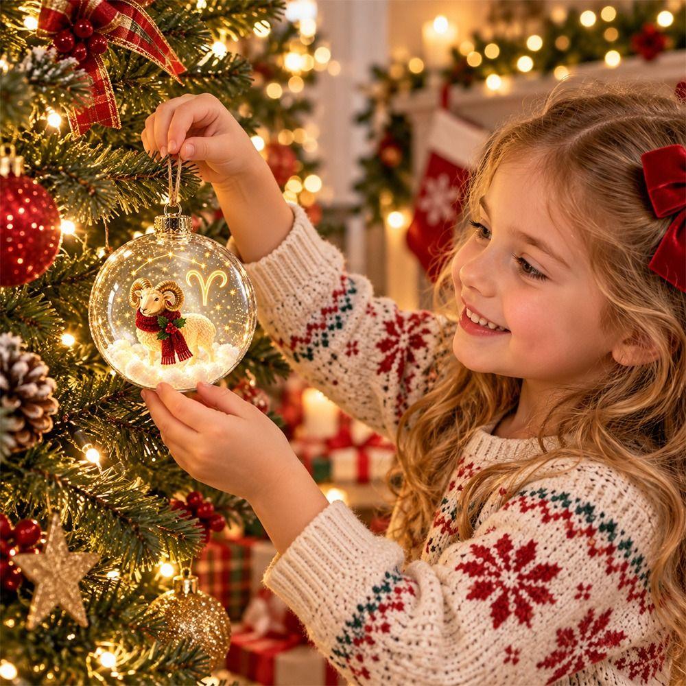 Warm Light Zodiac Ball Ornament Clear Round Shape Lighted Christmas Ornament Christmas Tree Decor