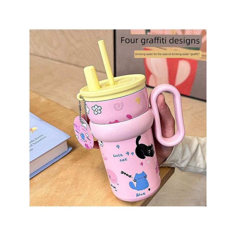 Large-Capacity Thermos Cup for Girls, New Office Water Cup, Giant Student Cup with Handle and Straw, High Aesthetic Value